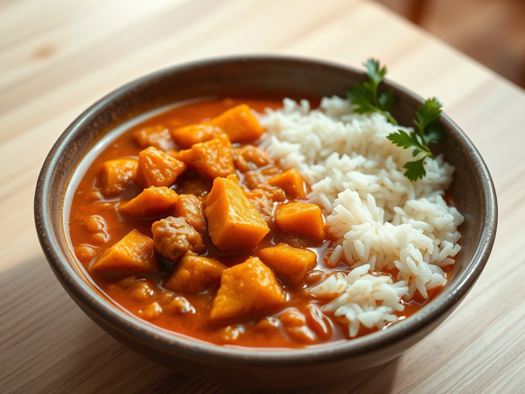 Zoete aardappel en rode linzencurry, AI-gegenereerde illustratie