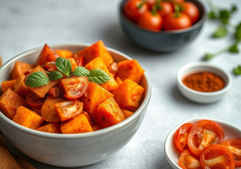 Zoete aardappelen met tomaat, AI-gegenereerde illustratie