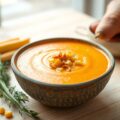 Zoete aardappelsoep met gebakken maïs