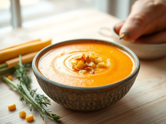 Zoete aardappelsoep met gebakken maïs