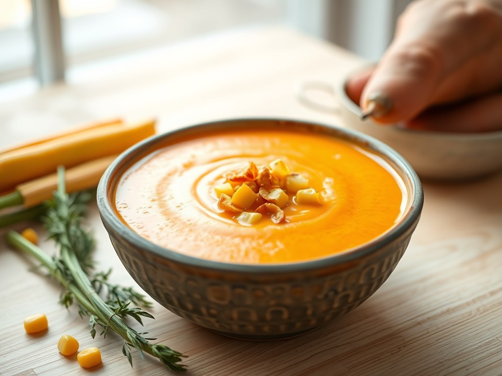 Zoete aardappelsoep met gebakken maïs, AI-gegenereerde illustratie