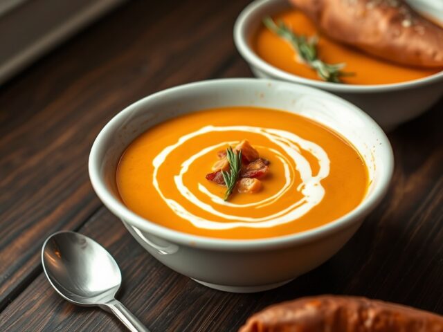 Zoete aardappelsoep met spekjes