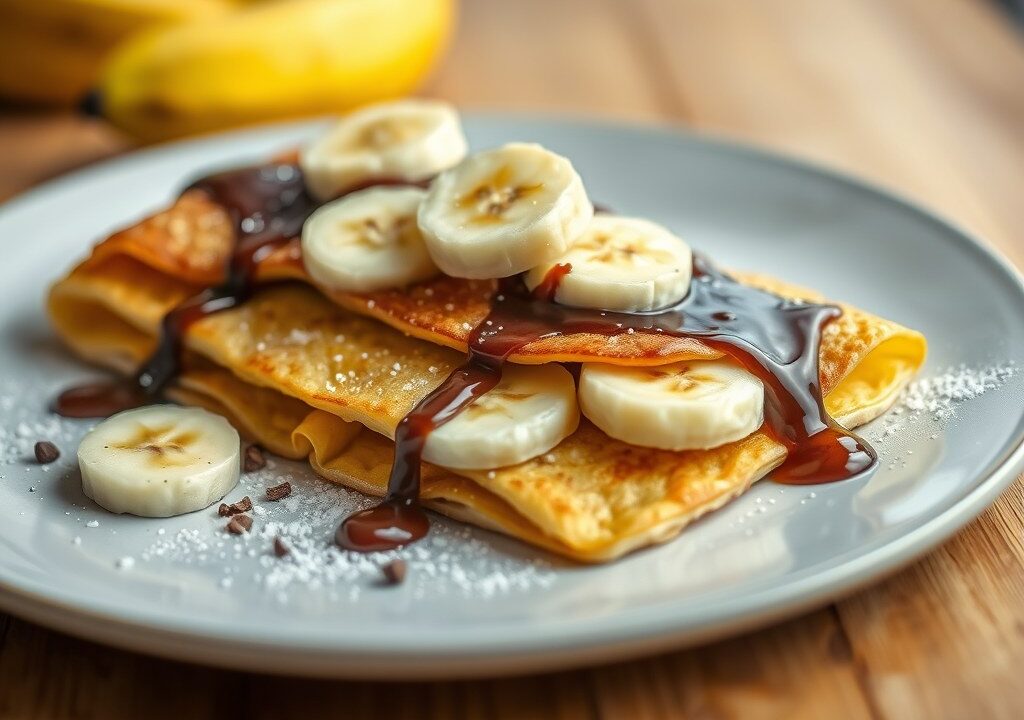 Zoete bladerdeegflappen met banaan, kokos+chocola — AI-gegenereerde illustratie