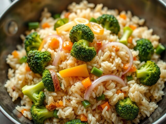 Zoete citrus en broccoli rijst — AI-gegenereerde illustratie