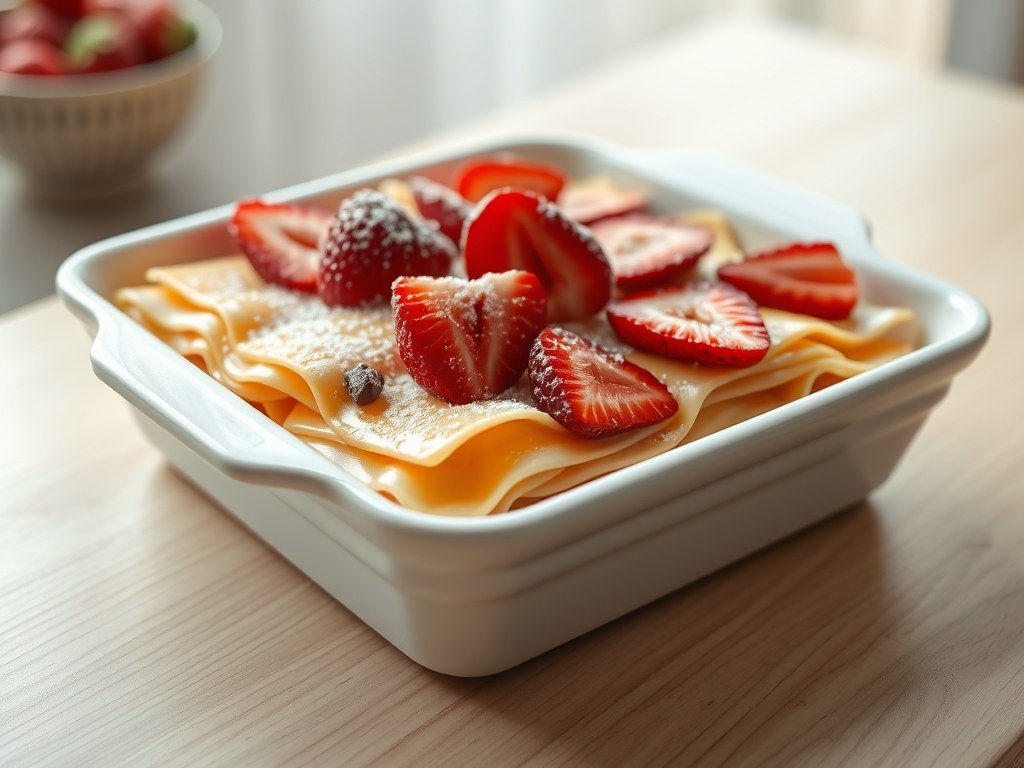 Zoete lasagne met aardbeien, AI-gegenereerde illustratie