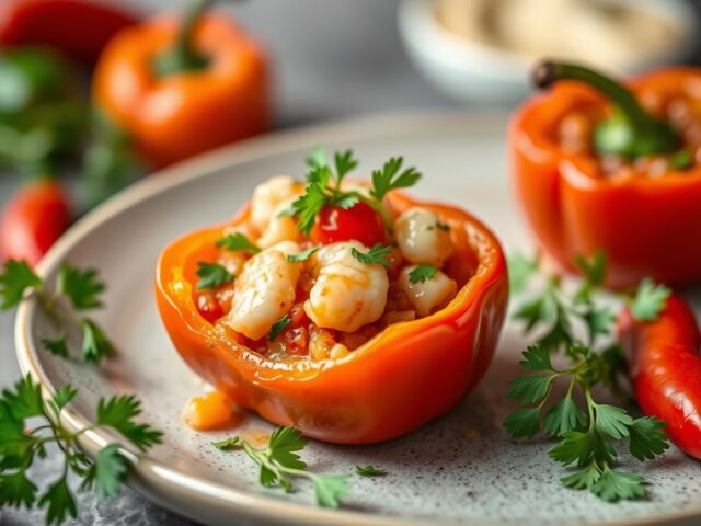 Zoete paprika’s gevuld met krabsalade