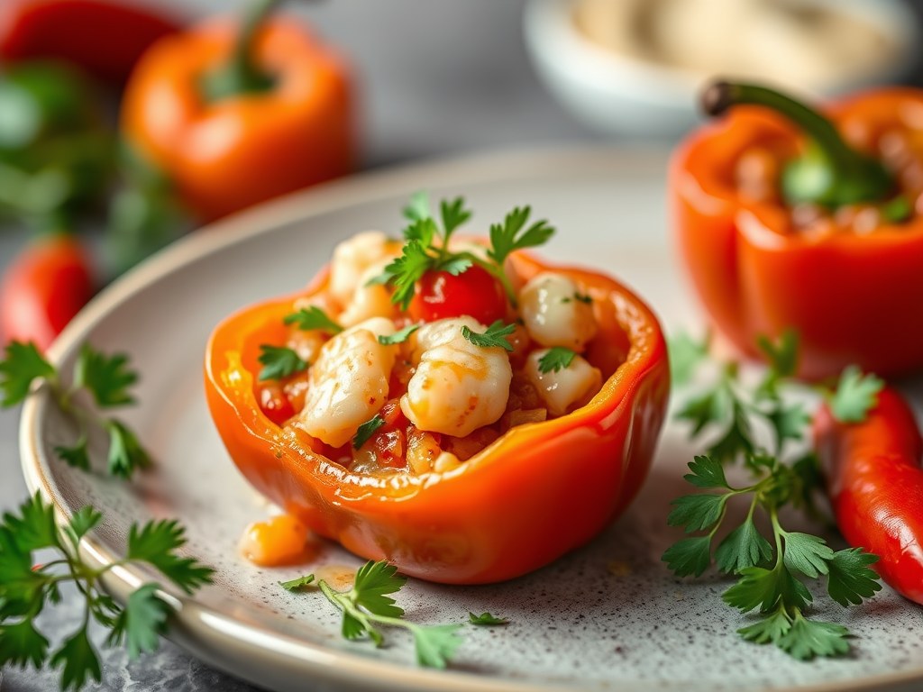Zoete paprika’s gevuld met krabsalade, AI-gegenereerde illustratie