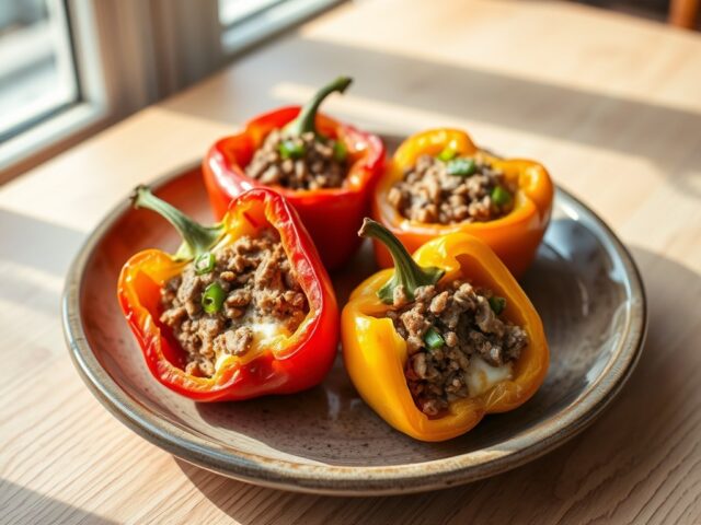 Zoete paprika`s gevuld met kalfsgehakt