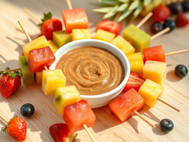 Zoete satédip met zomerfruit-prikkers