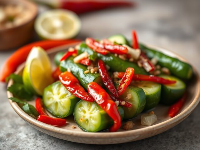 Zoetzure komkommer met chilipepers — AI-gegenereerde illustratie