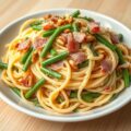 Zomerpasta met Breydelham, boontjes en pijnappelpitten