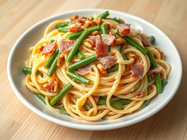 Zomerpasta met Breydelham, boontjes en pijnappelpitten