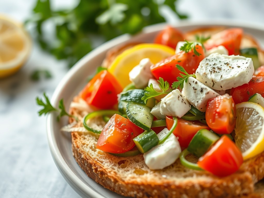 Zomersalade met brood en feta, AI-gegenereerde illustratie