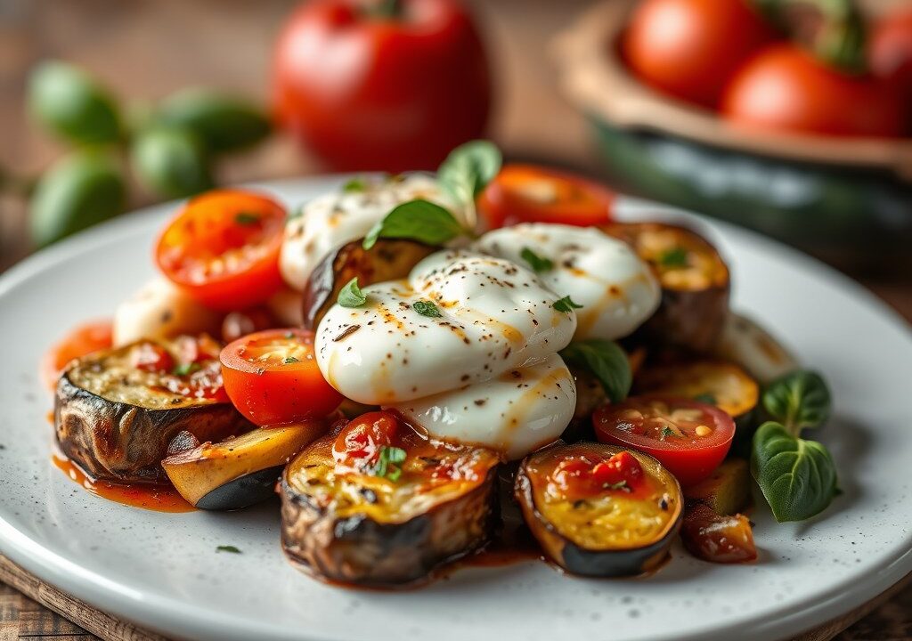 Zomerse courgette-aubergineschotel met mozzarella, AI-gegenereerde illustratie