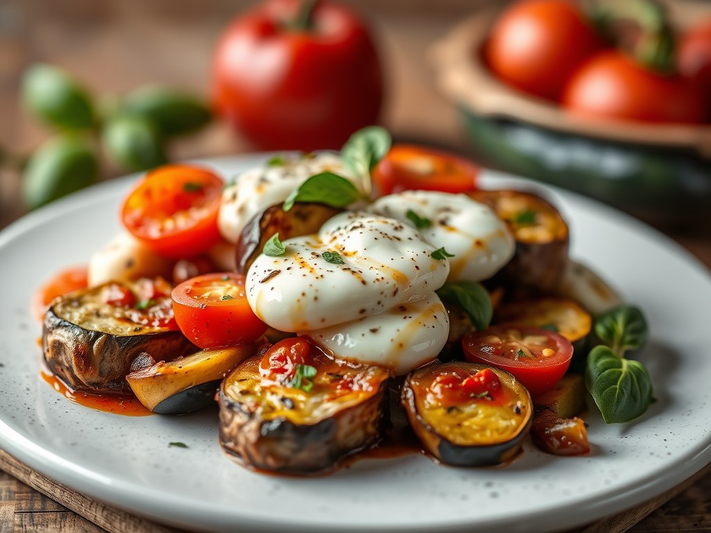 Zomerse courgette-aubergineschotel met mozzarella, AI-gegenereerde illustratie