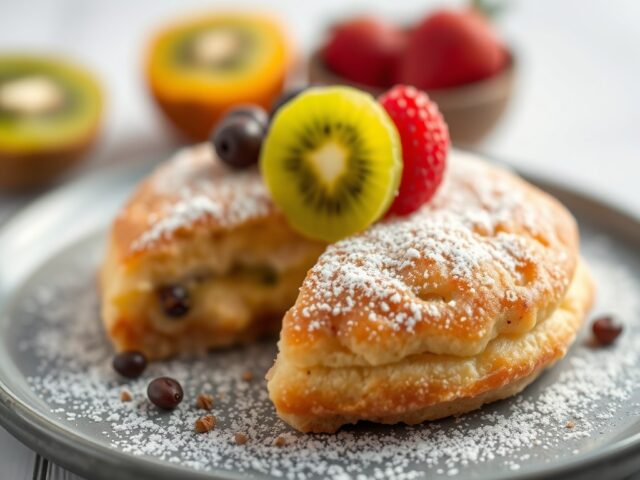 Zomerse eierkoek met aardbei en kiwi.