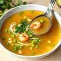 Zomerse gevogeltebouillon met avocado en garnaaltjes