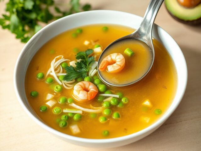 Zomerse gevogeltebouillon met avocado en garnaaltjes