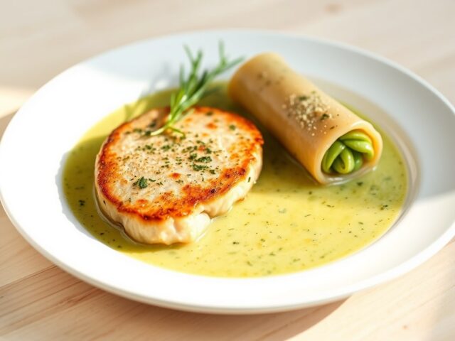 Zomerse kalfskotelet met canneloni in groene velouté