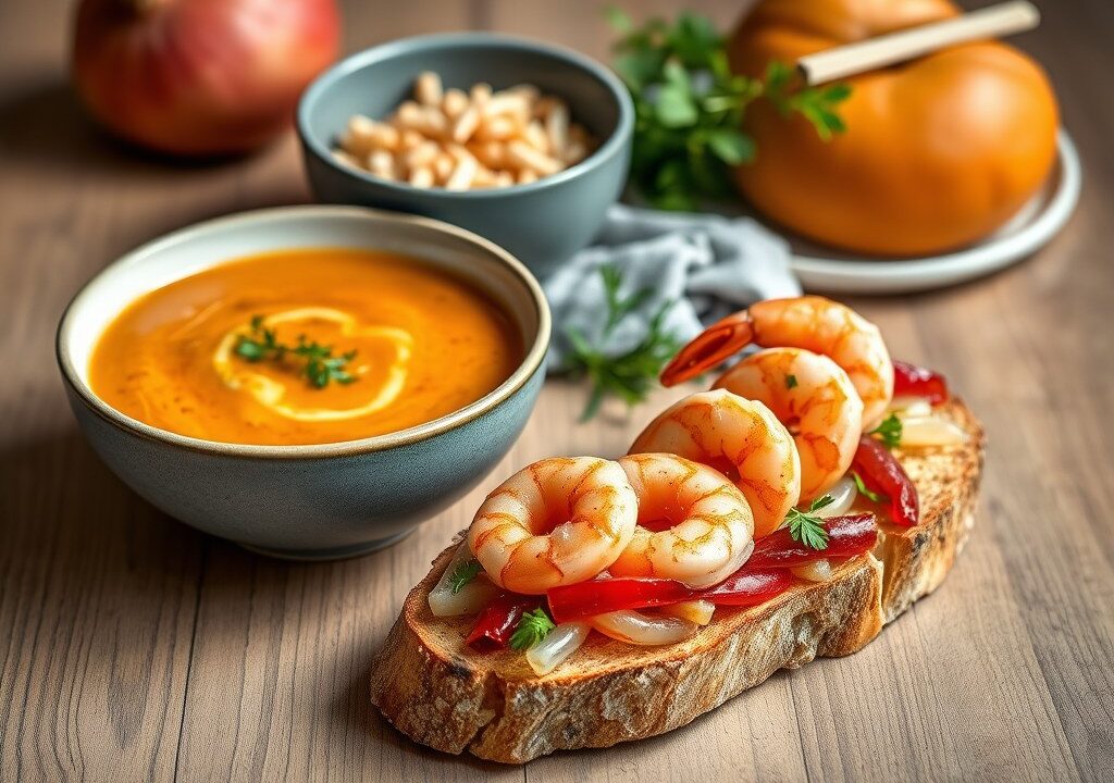 Zomerse maaltijdsoep en een bruschetta met rode poon, zeekraal en garnalen, AI-gegenereerde illustratie