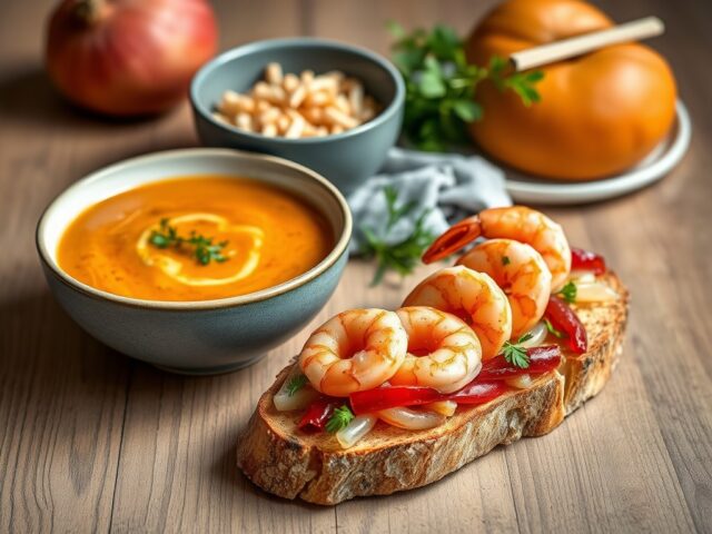 Zomerse maaltijdsoep en een bruschetta met rode poon, zeekraal en garnalen — AI-gegenereerde illustratie