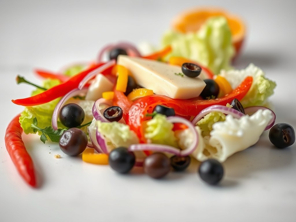 Zomerse salade met Camembert en Coburgerham en per, AI-gegenereerde illustratie