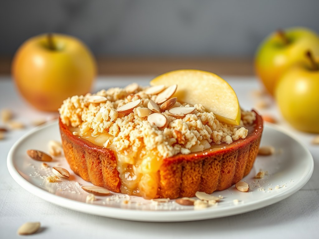 Zure appelvlaai met crumble en amandelen, AI-gegenereerde illustratie