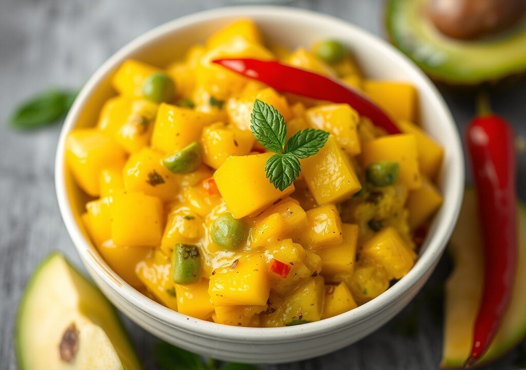 Zuurkoolsalade met mango en avocado, AI-gegenereerde illustratie