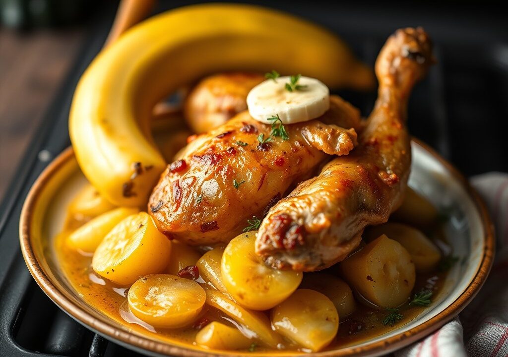 Zuurkoolstamppot met banaan en kip uit de oven, AI-gegenereerde illustratie