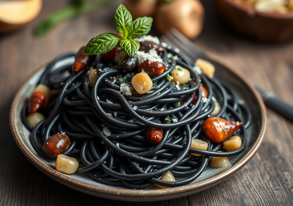 Zwarte linguine met zeeduivel en inktvis, AI-gegenereerde illustratie