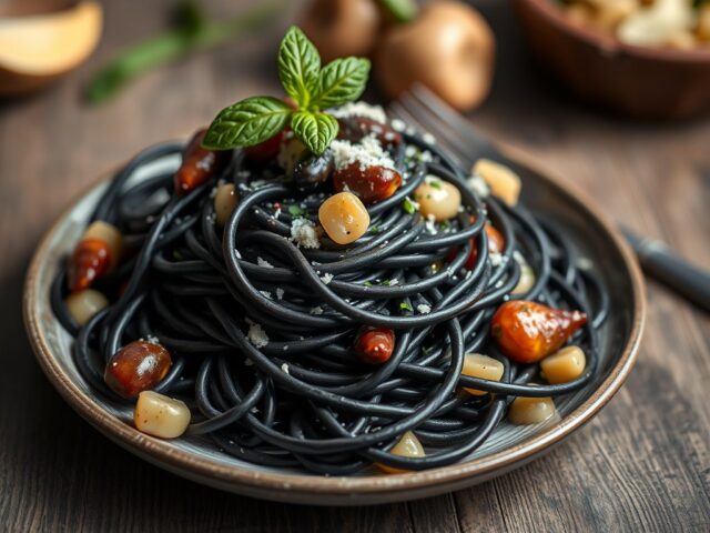 Zwarte linguine met zeeduivel en inktvis
