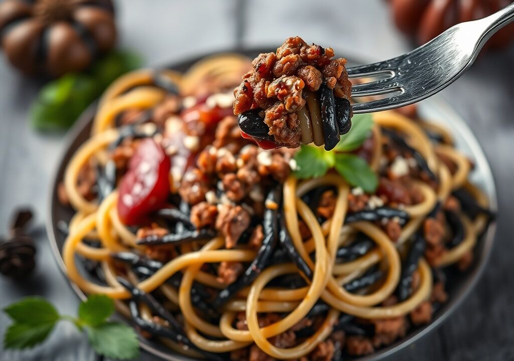 Zwarte pasta met bloedsaus, AI-gegenereerde illustratie