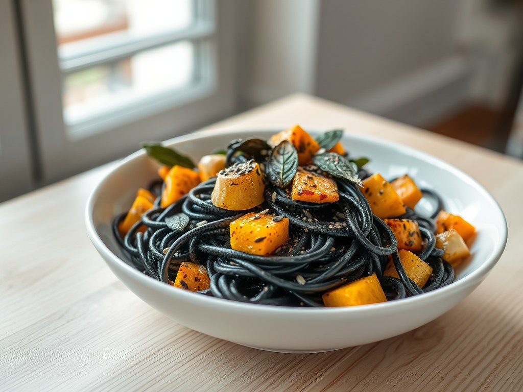 Zwarte pasta met pompoen, AI-gegenereerde illustratie