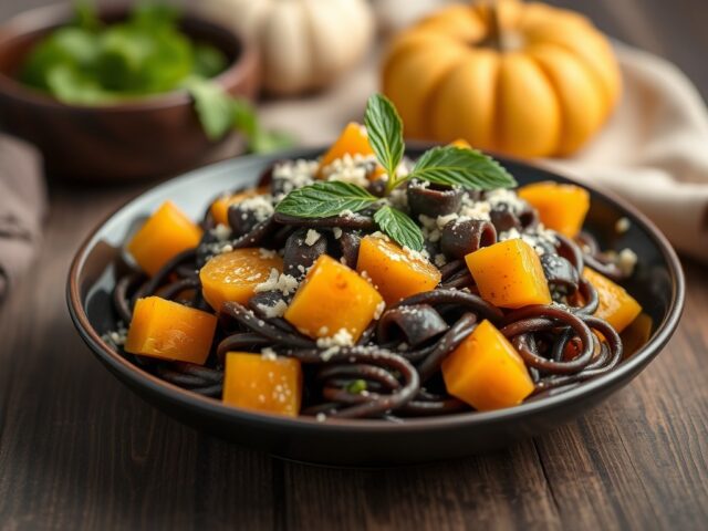 Zwarte pasta met pompoen — AI-gegenereerde illustratie