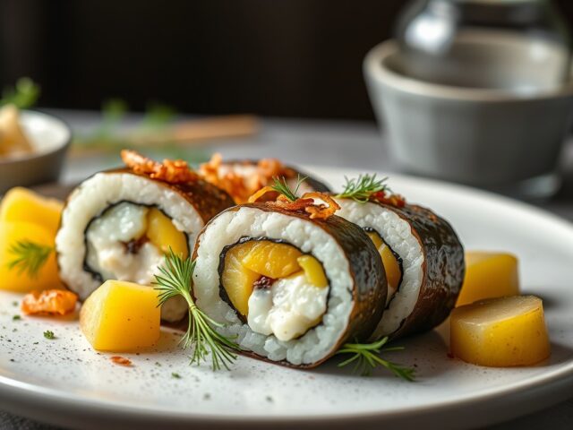 Zweedse sushirol met geplette aardappelen, maatjes