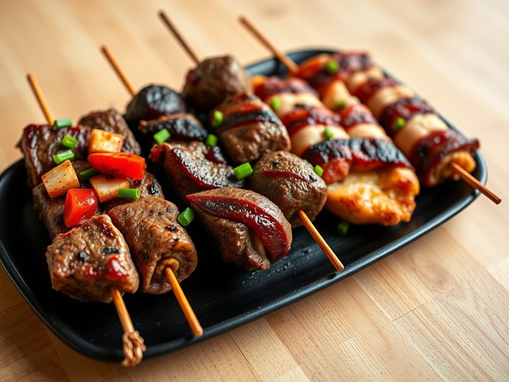 3 verschillende pittig gegrilde vleeshapjes, AI-gegenereerde illustratie