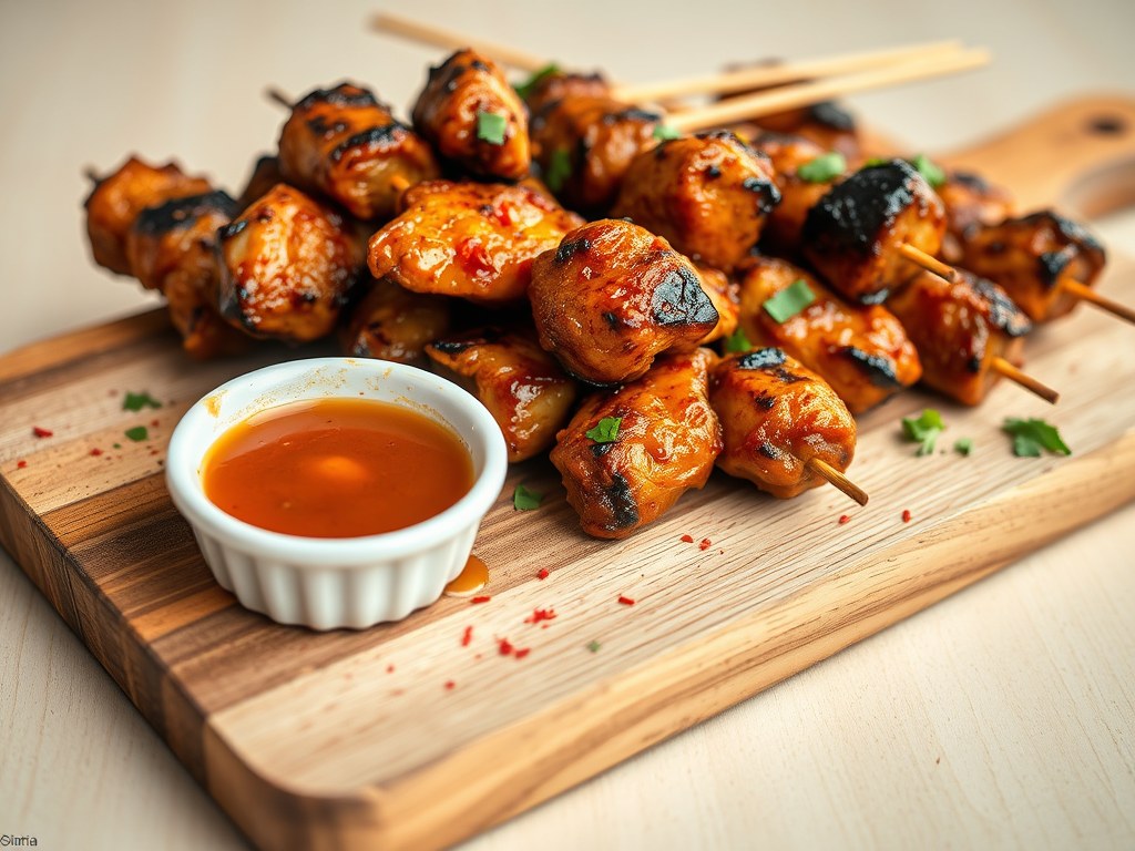 A – Klasse kip saté in marinade, AI-gegenereerde illustratie