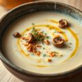 Aardappel-champignonsoep met broodkruim en truffelolie