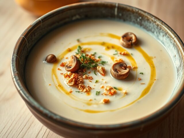 Aardappel-champignonsoep met broodkruim en truffelolie
