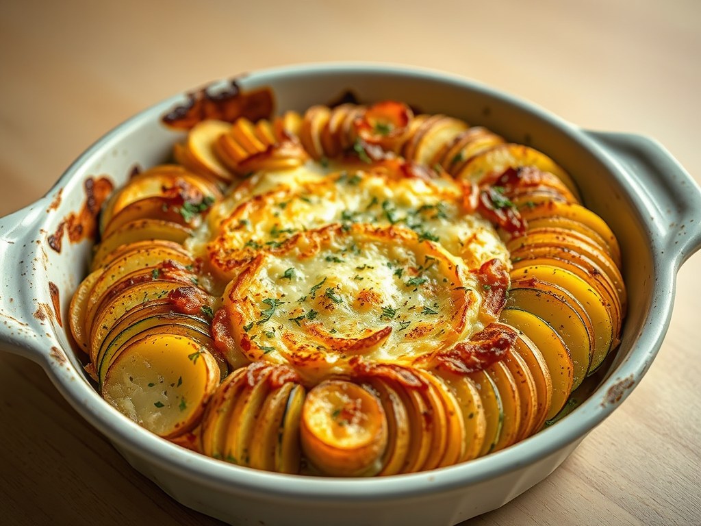 Aardappel-courgetteschotel, AI-gegenereerde illustratie