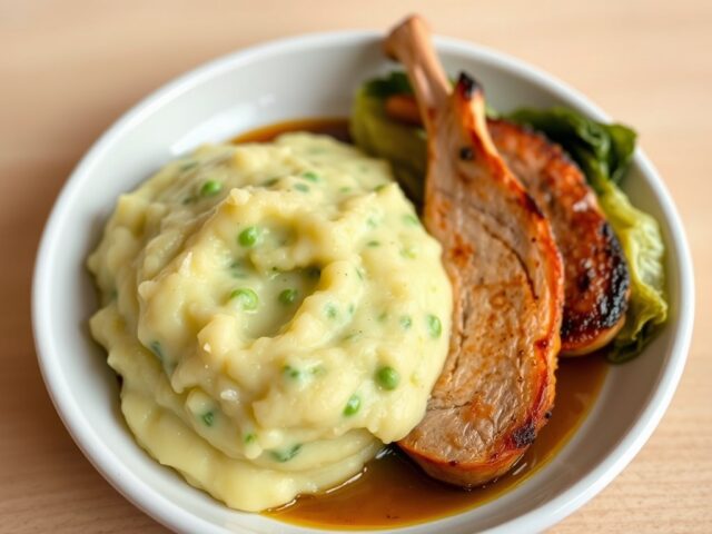 Aardappel- en erwtenpuree met savooikool en varkenskroontje