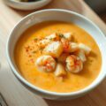 Aardappel-garnalensoep met gebakken visblokjes