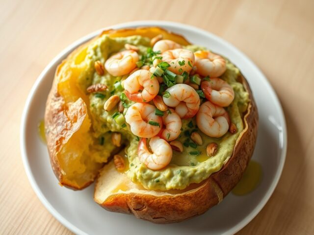 Aardappel met avocado en garnalen