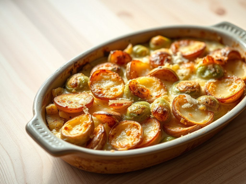 Aardappel spruitjes schotel uit de oven, AI-gegenereerde illustratie