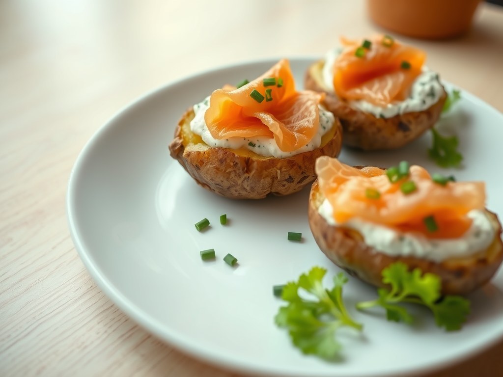 Aardappelen gevuld met gerookte zalm en kruidencrème, AI-gegenereerde illustratie
