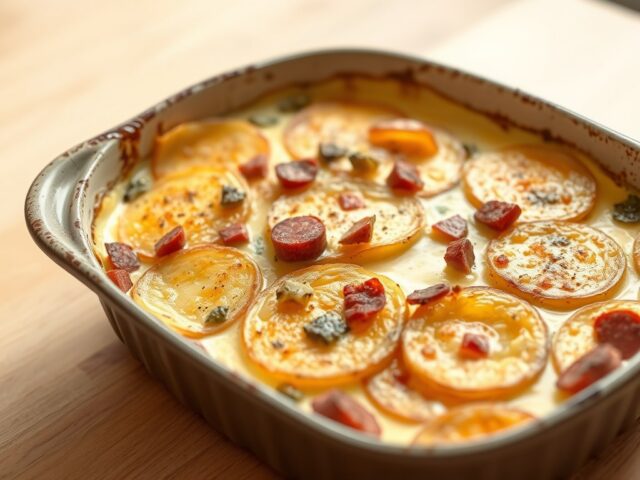Aardappelgratin met chorizo en artisjok