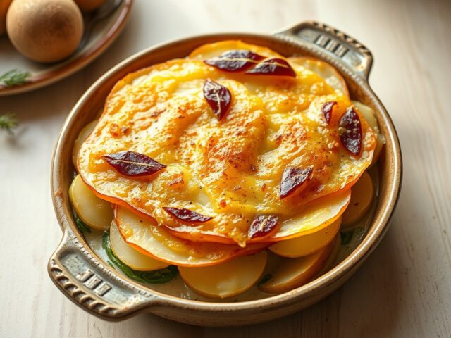 Aardappelgratin met groenlof en ui