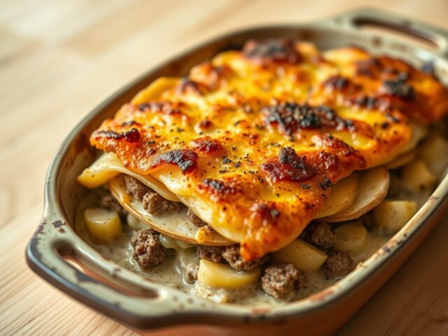 Aardappelgratin met rundgehakt en prei