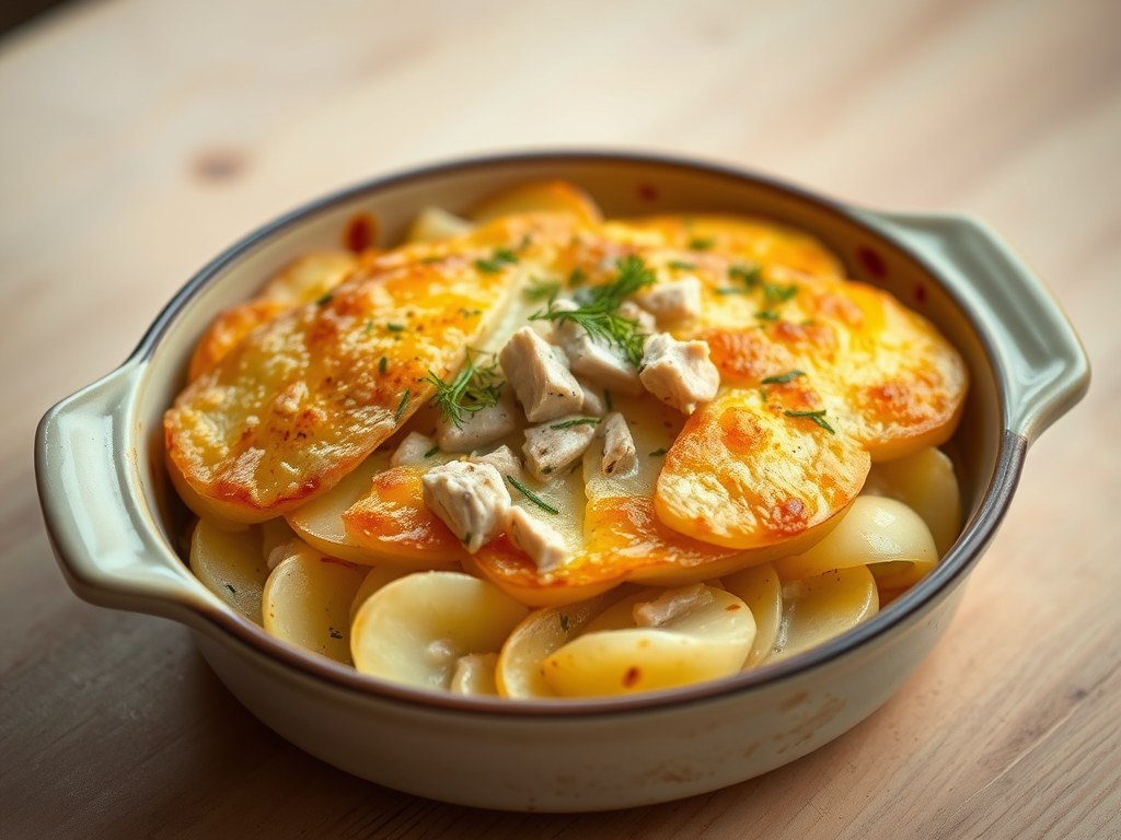 Aardappelgratin met tonijn, AI-gegenereerde illustratie