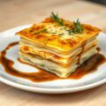 Aardappellasagna met gorgonzola, fonduta en saus